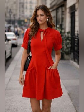 Proenza Schouler Crepe Sash-Neck Puff Sleeve Dress Red/Orange XS 2